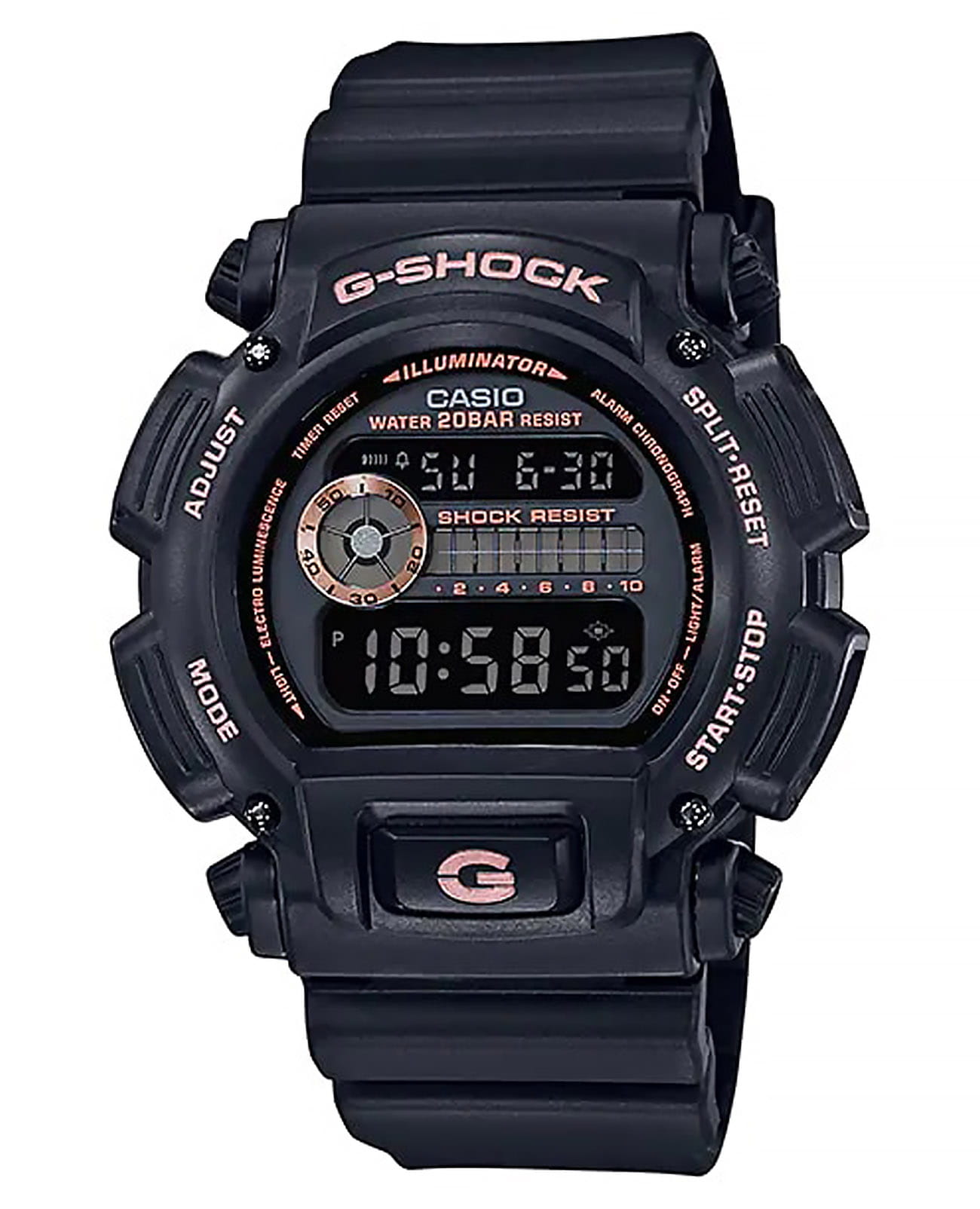 Casio Casio G-Shock DW-9052GBX-1A4DR (DW-9052GBX-1A4)  DW-9052GBX-1A4 электронные мужские часы черный циферблат, браслет пластик — вид спереди