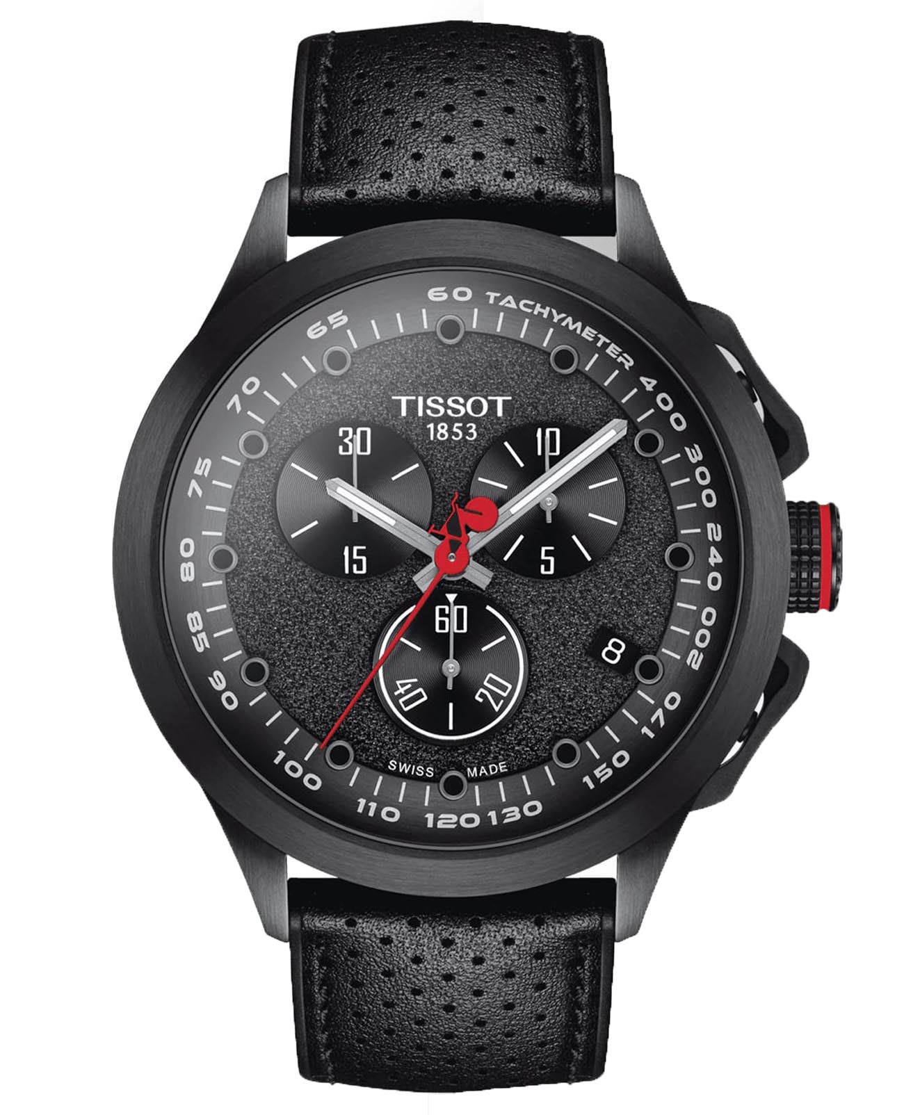 Tissot Tissot T-Race Cycling Vuelta 2022 Special Edition T135.417.37.051.02 T Race Cycling T1354173705102 кварцевые мужские часы черный циферблат, браслет кожаный — вид спереди