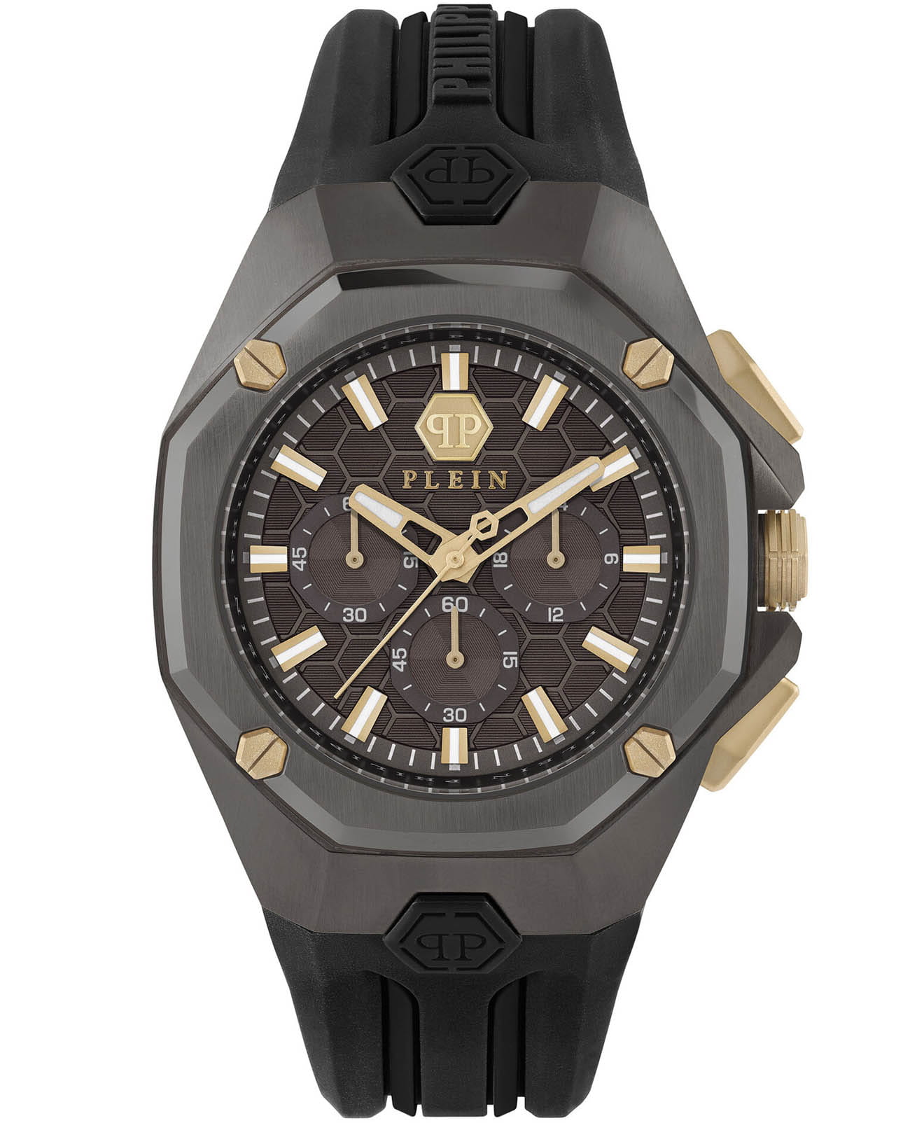 Philipp Plein Philipp Plein Octagon PWTBA0323  PWTBA0323 кварцевые мужские часы коричневый циферблат, браслет силикон — вид спереди
