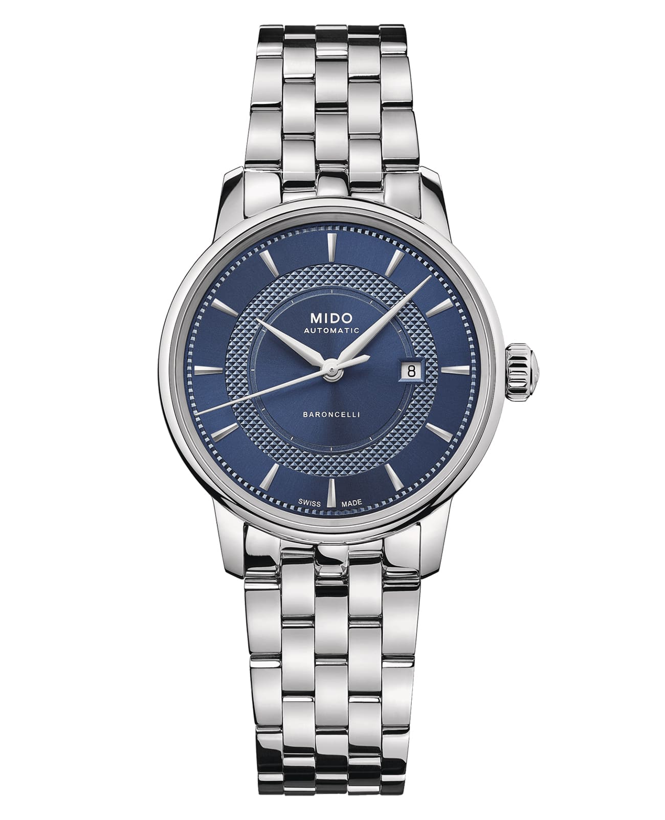 Mido Mido Baroncelli Signature M037.207.11.041.01  M0372071104101 механические женские часы синий циферблат, браслет нержавеющая сталь — вид спереди
