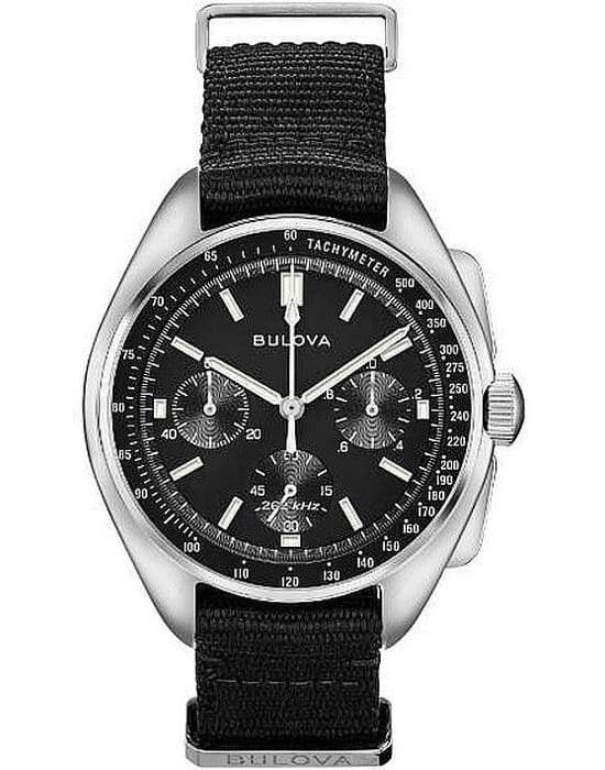 Bulova Bulova Lunar Pilot Chronograph 96A225  96A225 кварцевые мужские часы черный циферблат, браслет тканевый — вид спереди