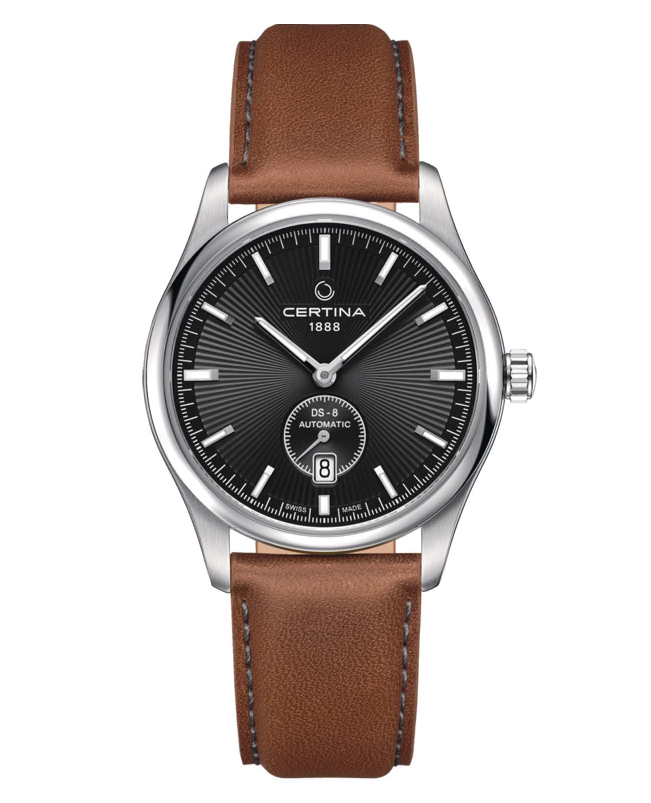 Certina Certina DS-8 C033.428.16.051.00 DS 8 C0334281605100 кварцевые мужские часы черный циферблат, браслет кожаный — вид спереди