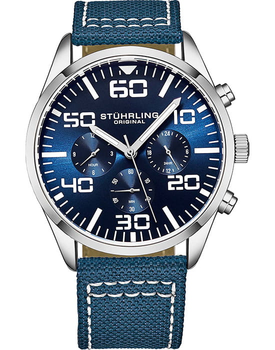Stuhrling Stuhrling Aviator 4001.4  4001.4 кварцевые мужские часы синий циферблат, браслет тканевый — вид спереди