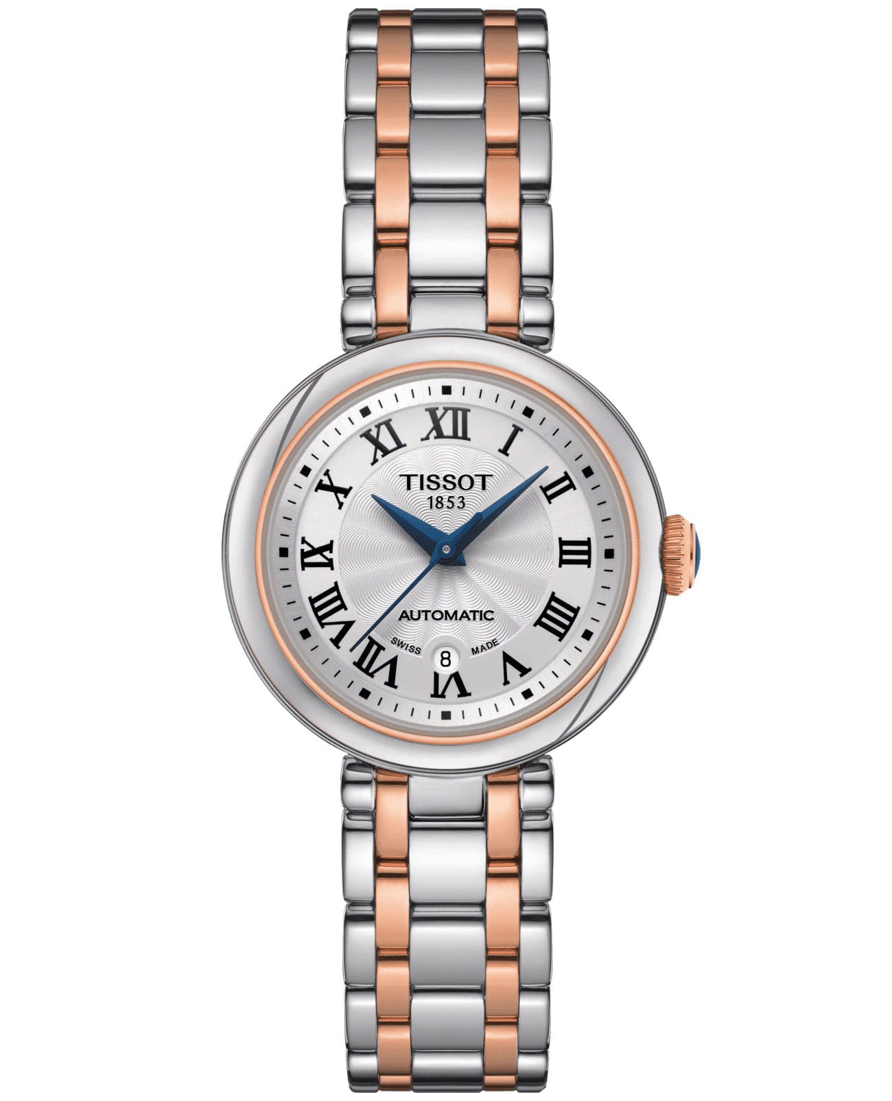 Tissot Tissot Bellissima Automatic T126.207.22.013.00 Small T1262072201300 механические женские часы белый циферблат, браслет сталь c pvd покрытием — вид спереди