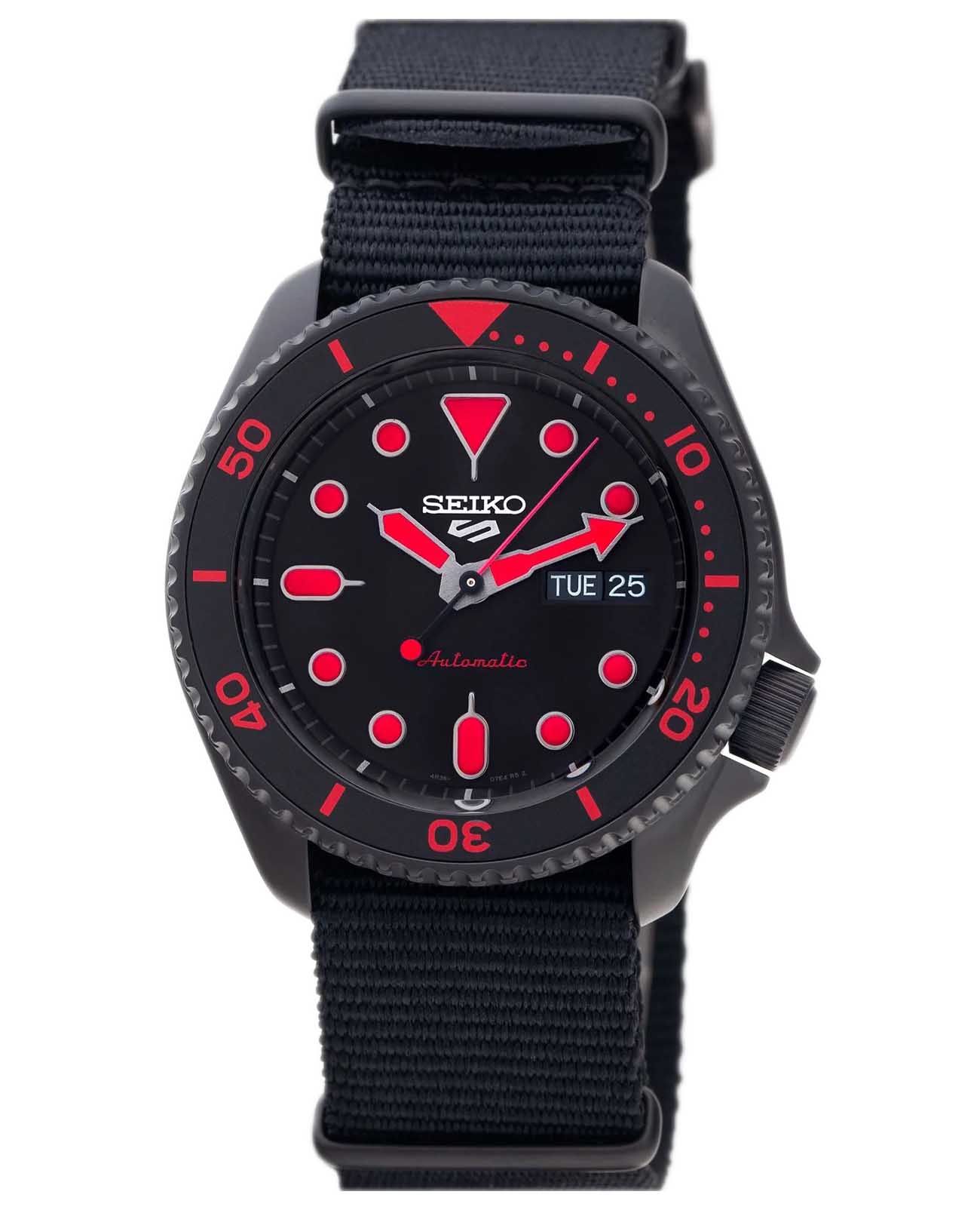 Seiko Seiko 5 Sports SRPD83K1  SRPD83K1 механические мужские часы черный циферблат, браслет нейлон — вид спереди
