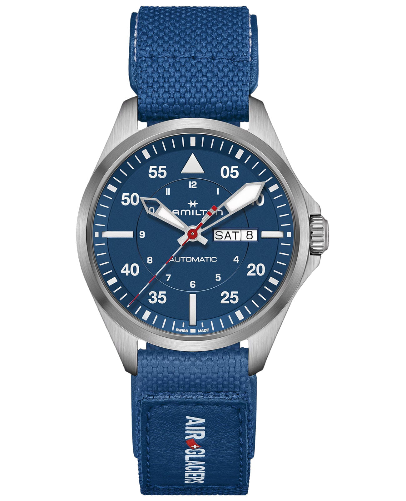 Hamilton Hamilton Khaki Aviation Day Date Auto - Air - Glaciers Edition H64655941  H64655941 механические мужские часы синий циферблат, браслет тканевый — вид спереди