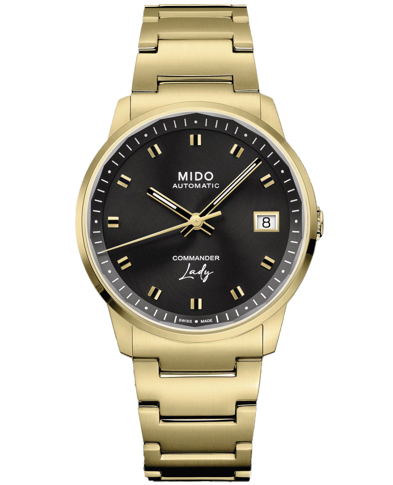 Mido Mido Commander Lady M021.207.33.051.00  M0212073305100 механические женские часы черный циферблат, браслет нержавеющая сталь с pvd-покрытием — вид спереди