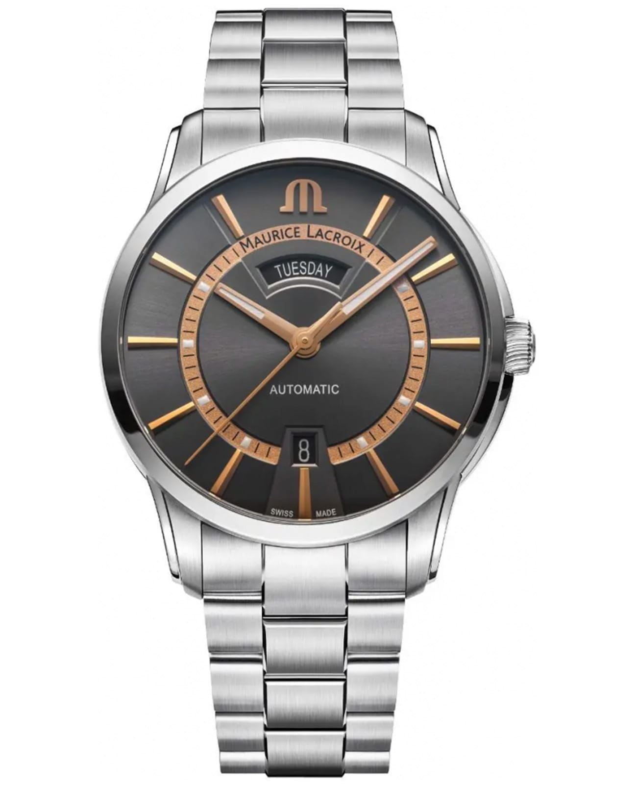 Maurice Lacroix Maurice Lacroix Pontos Day Date PT6358-SS002-333-1  PT6358-SS002-333-1 механические мужские часы серый циферблат, браслет нержавеющая сталь — вид спереди
