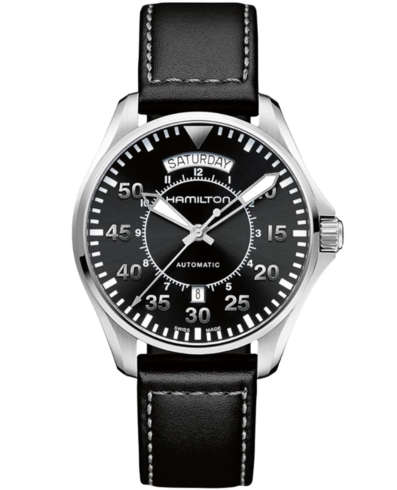 Hamilton Hamilton Khaki Aviation Pilot Day Date Auto H64615735  H64615735 механические мужские часы черный циферблат, браслет кожаный — вид спереди