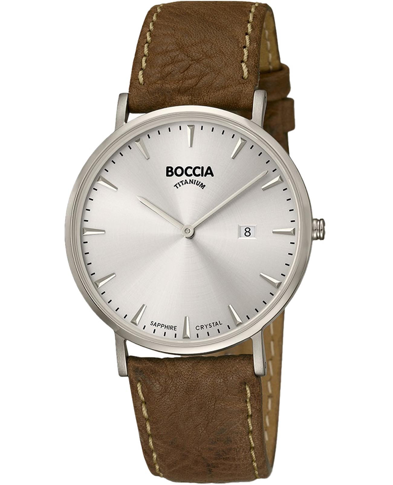 Boccia Titanium Boccia Titanium 3648-01  3648-01 кварцевые мужские часы серебристый циферблат, браслет кожаный — вид спереди