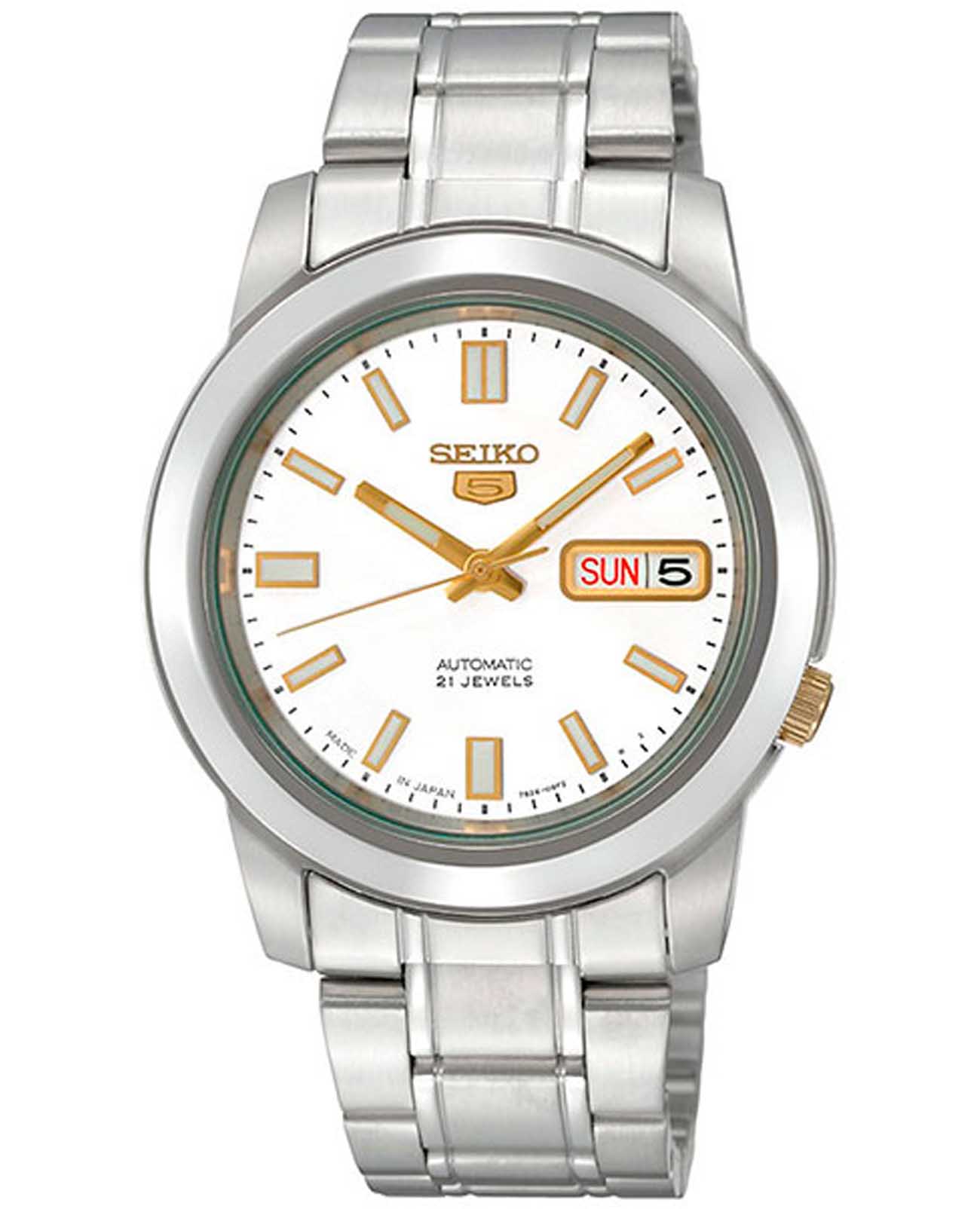 Seiko Seiko 5 Regular SNKK07J1  SNKK07J1 механические мужские часы белый циферблат, браслет нержавеющая сталь — вид спереди