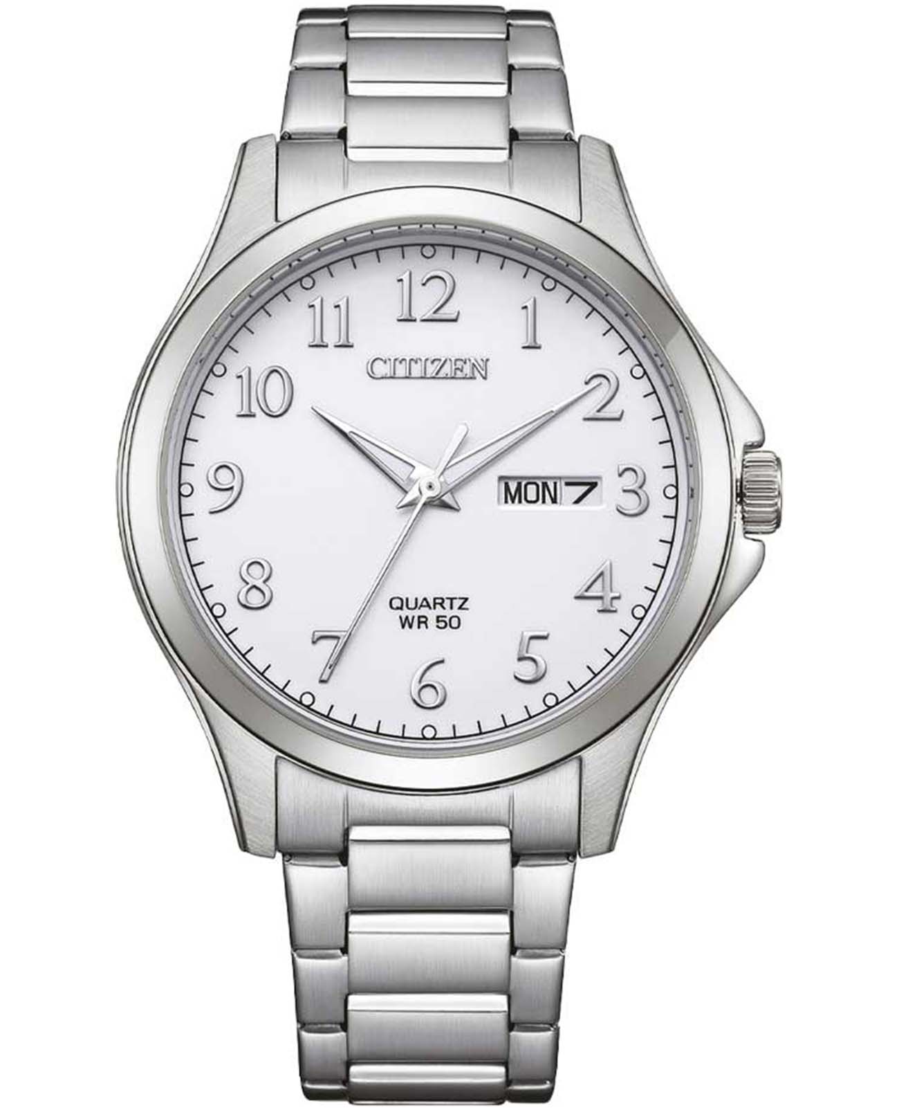 Citizen Citizen Basic BF2021-82A  BF2021-82A кварцевые мужские часы белый циферблат, браслет нержавеющая сталь — вид спереди