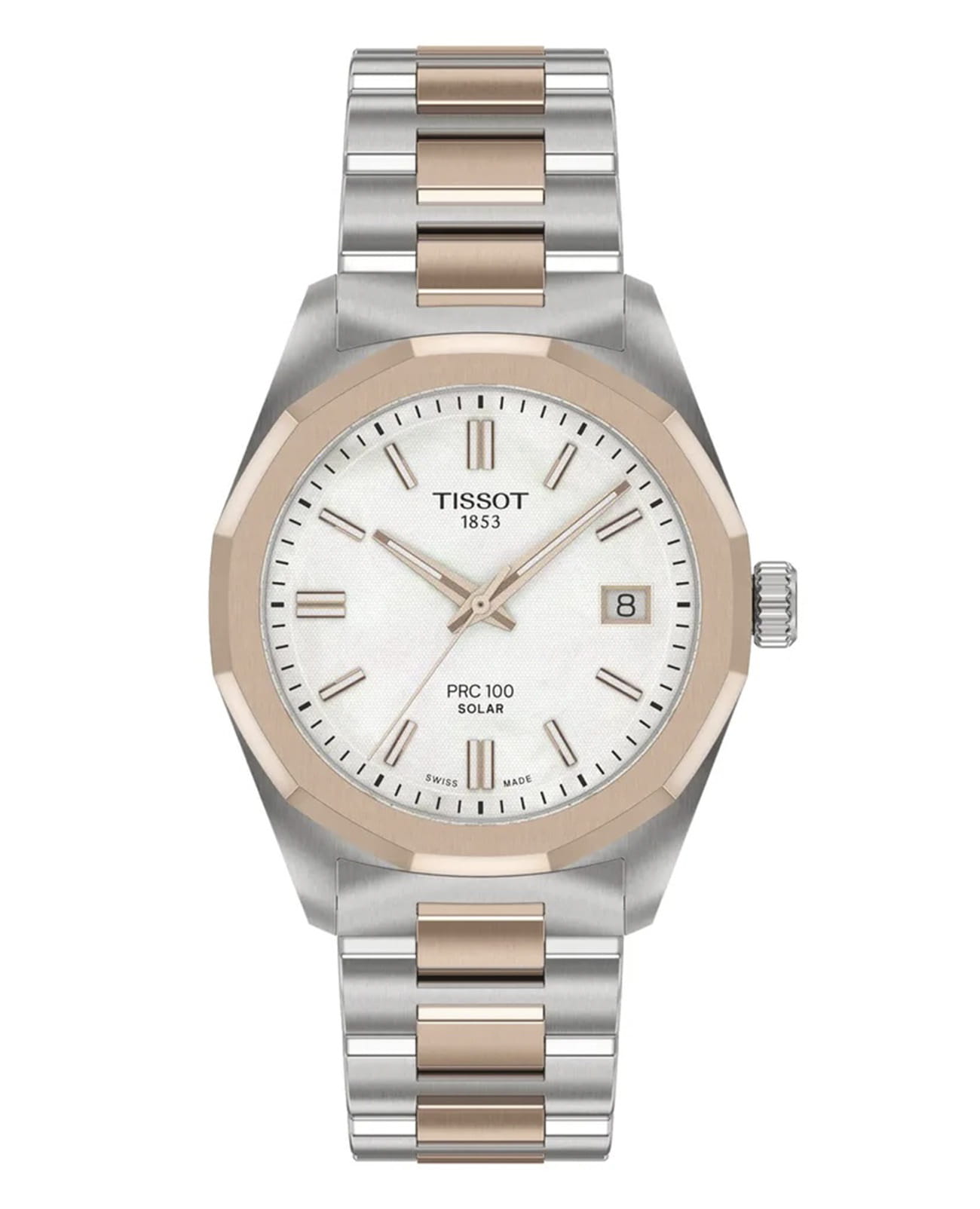 Tissot Tissot PRC 100 Solar Quartz 34mm T151.822.22.111.00 PRC 100 Solar T1518222211100 кварцевые женские часы белый циферблат, браслет нержавеющая сталь с pvd-покрытием — вид спереди