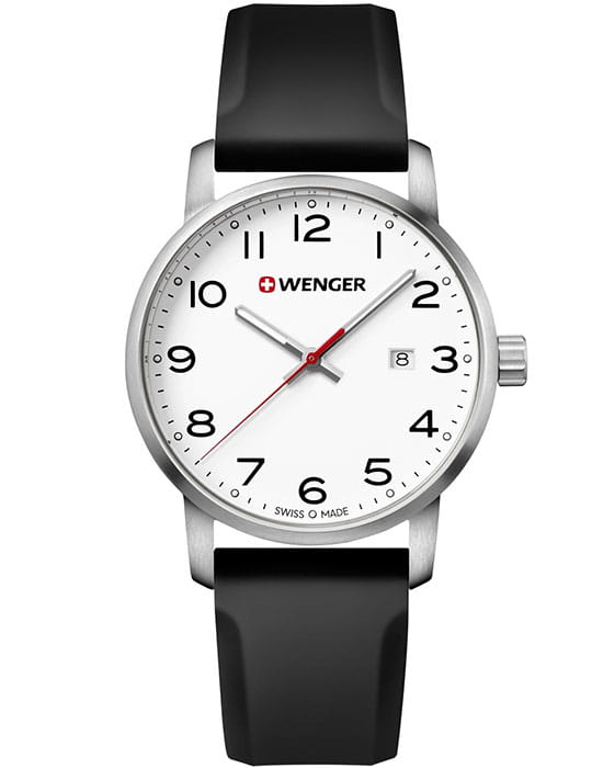 Wenger 01.1641.103  01.1641.103 кварцевые мужские часы белый циферблат, браслет силикон — вид спереди