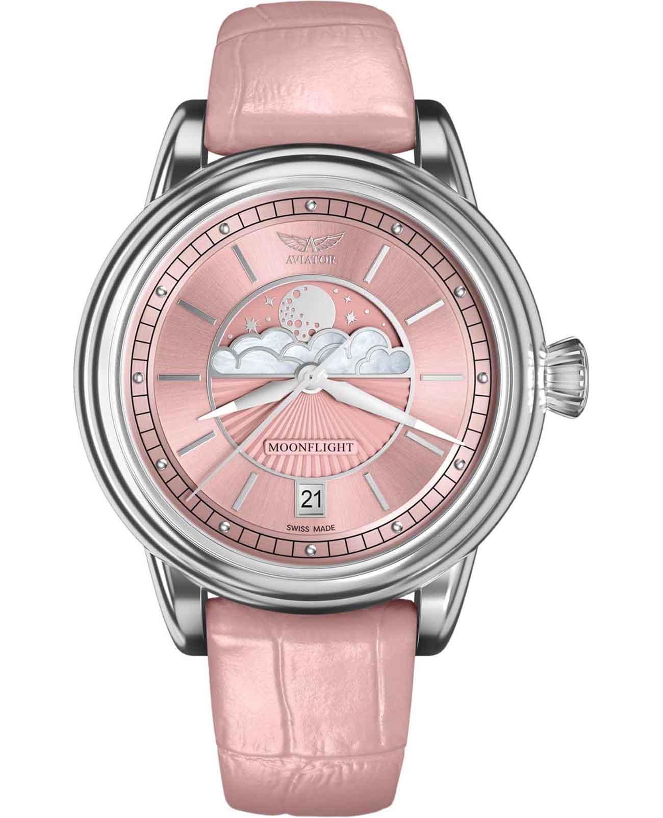 Aviator Aviator Douglas MoonFlight V.1.33.0.257.4  V.1.33.0.257.4 кварцевые женские часы розовый циферблат, браслет кожаный — вид спереди