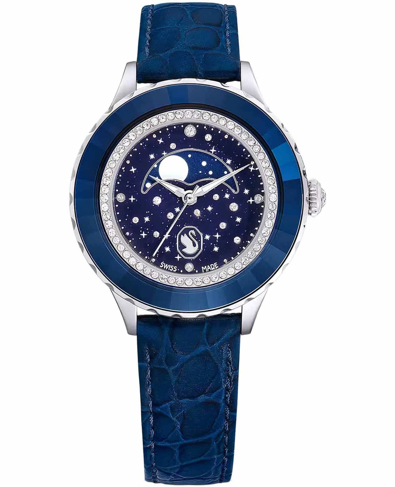 Swarovski Swarovski Octea Moon 5677494  5677494 кварцевые женские часы синий циферблат, браслет кожаный — вид спереди