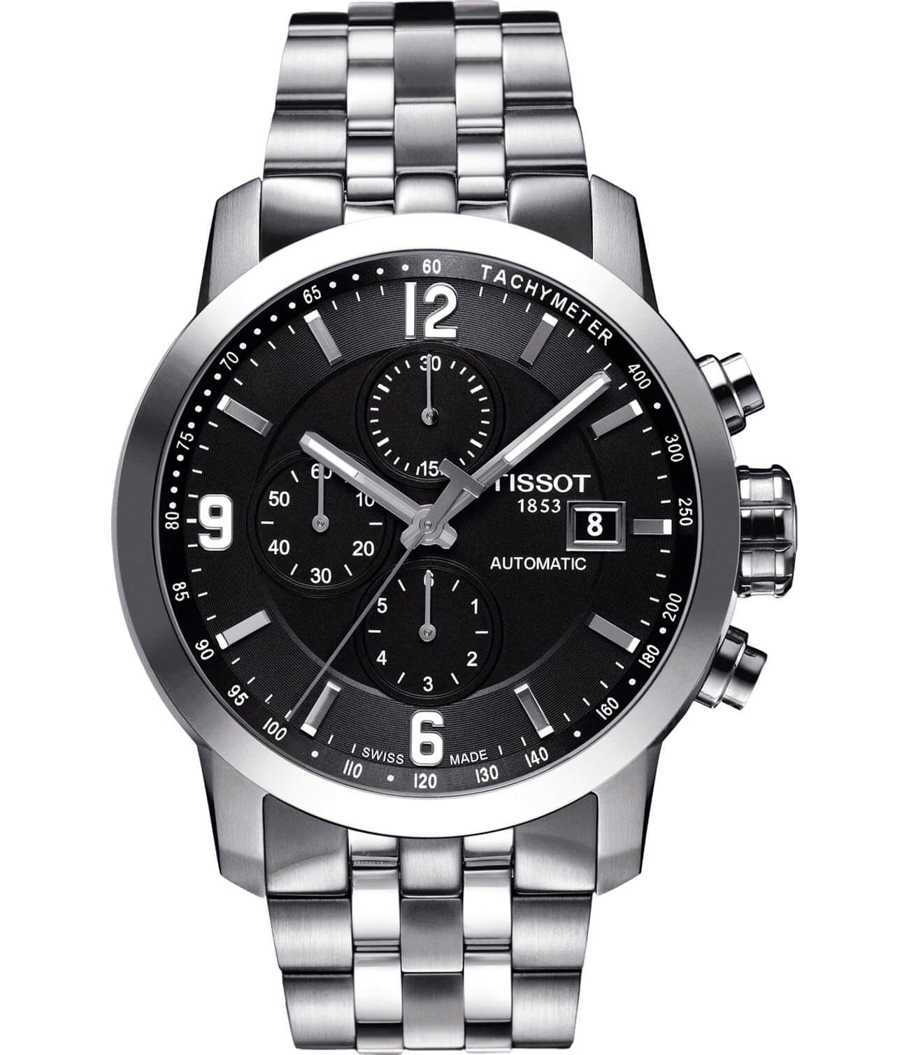 Tissot Tissot PRC 200 Automatic Chronograph T055.427.11.057.00 PRC 200 T0554271105700 механические мужские часы черный циферблат, браслет нержавеющая сталь — вид спереди