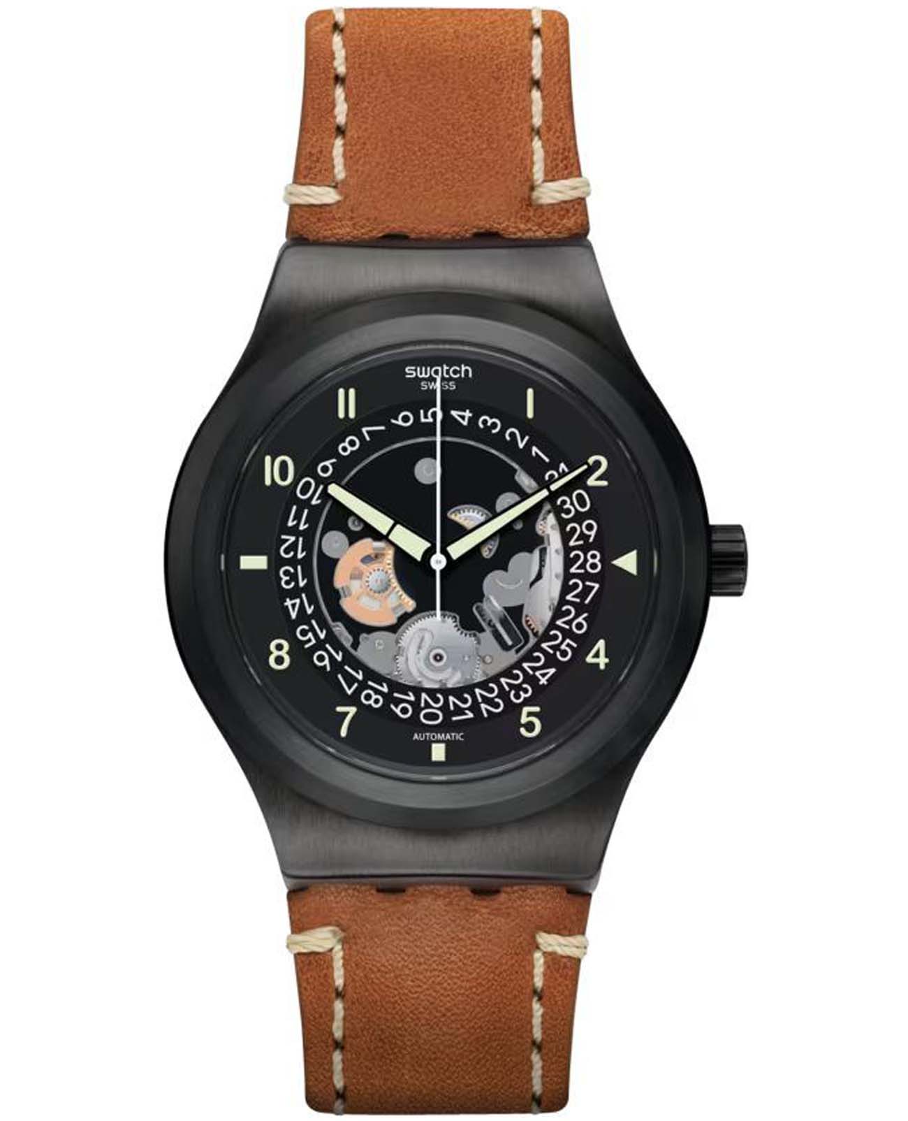 Swatch Swatch Irony Sistem51 Lacquered YIB402  YIB402 механические мужские часы черный циферблат, браслет кожаный — вид спереди