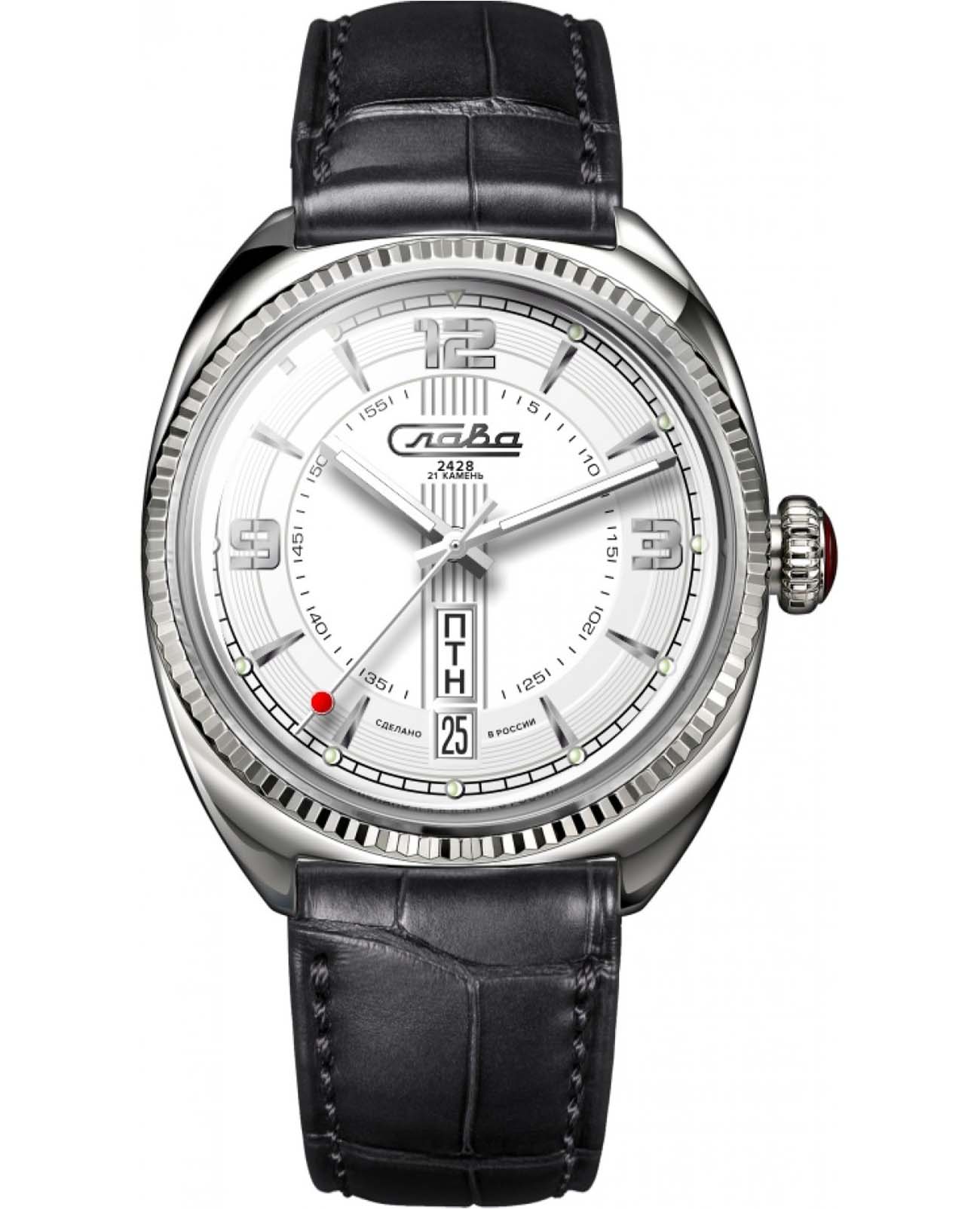 Слава Слава Глория 0930560/300-2428  0930560/300-2428 механические мужские часы белый циферблат, браслет кожаный — вид спереди