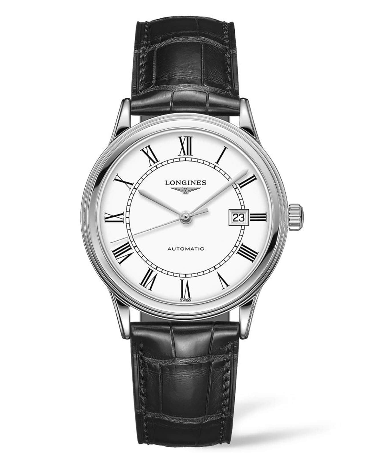 Longines Longines Flagship L4.984.4.21.2  L49844212 механические мужские часы белый циферблат, браслет кожаный — вид спереди