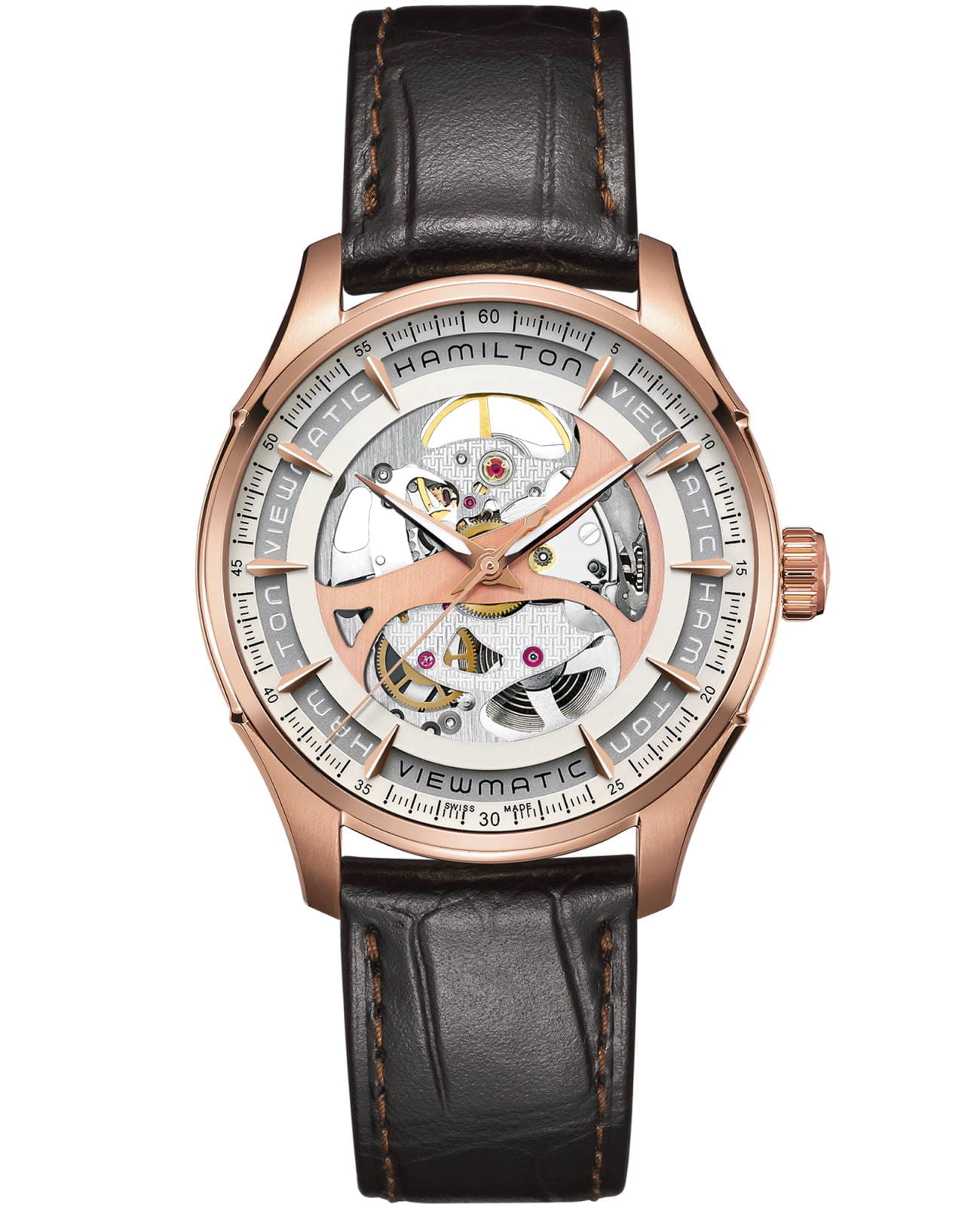 Hamilton Hamilton Jazzmaster Viewmatic Skeleton Gent Auto H42545551  H42545551 механические мужские часы  циферблат, браслет кожаный — вид спереди