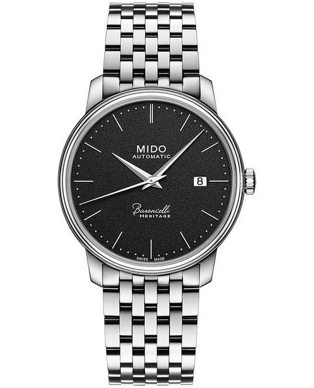 Mido Mido Baroncelli M027.407.11.050.00  M0274071105000 механические женские часы черный циферблат, браслет нержавеющая сталь — вид спереди