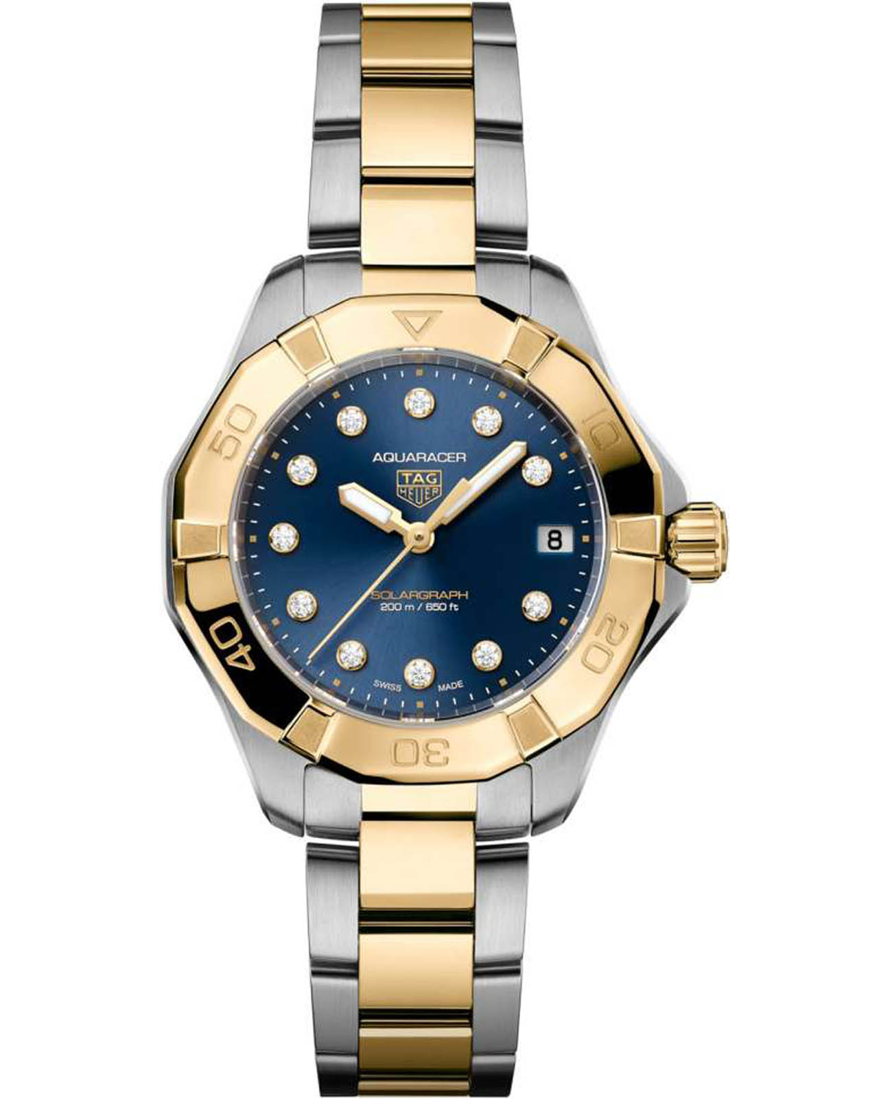 TAG Heuer TAG Heuer Aquaracer Professional 200 WBP1323.BB0004  WBP1323.BB0004 кварцевые женские часы синий циферблат, браслет нержавеющая сталь + золото 18к — вид спереди