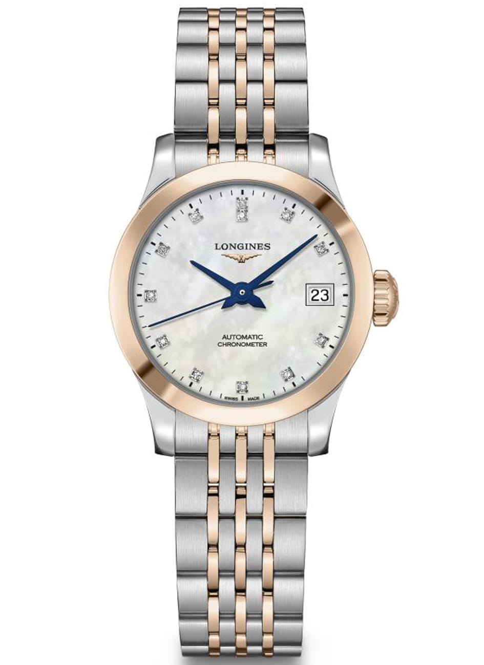 Longines Longines Record Collection L2.320.5.87.7  L23205877 механические женские часы черный циферблат, браслет нержавеющая сталь + золото 18к — вид спереди