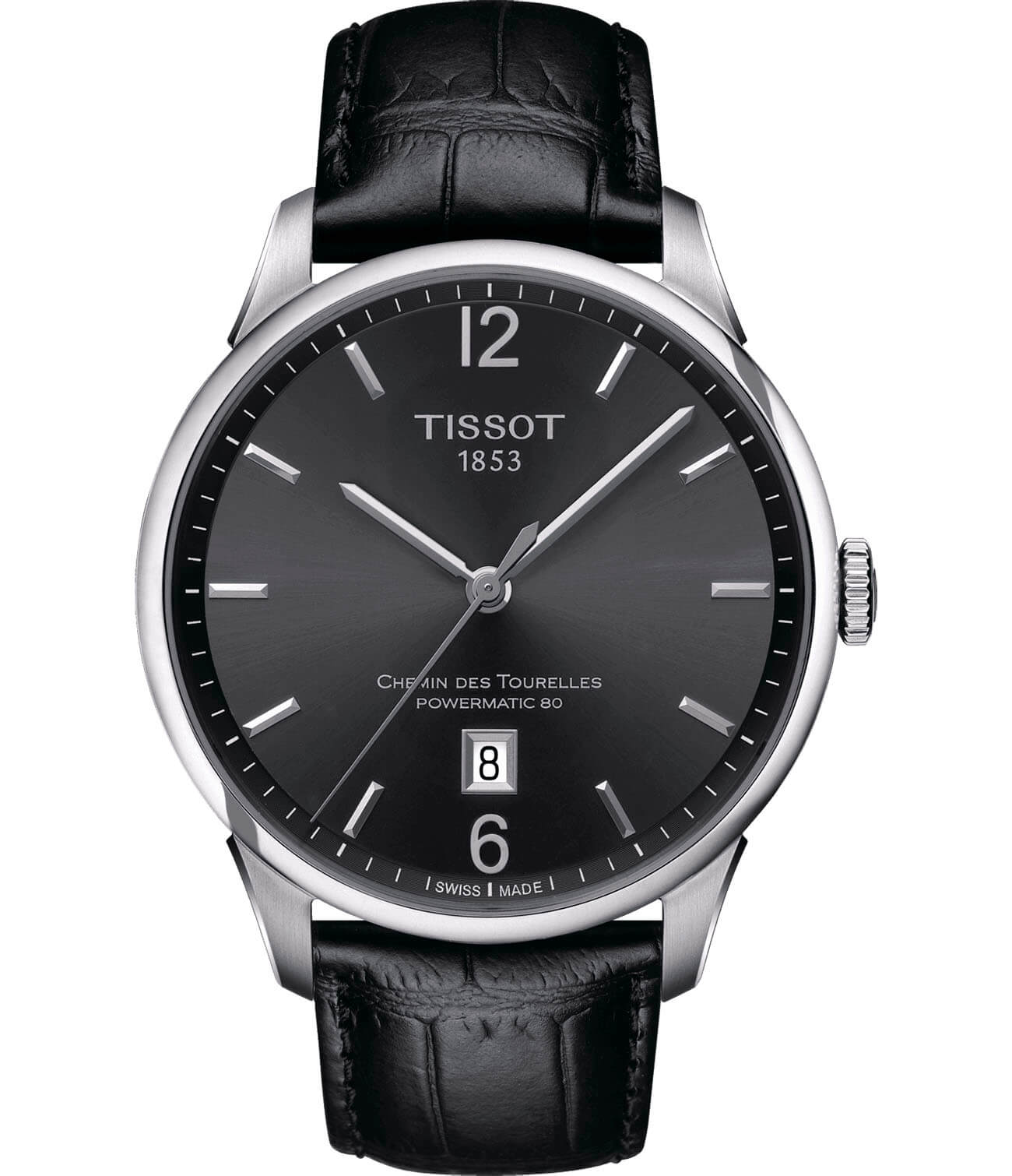 Tissot Tissot Chemin des Tourelles Powermatic 80 T099.407.16.447.00 Chemin des Tourelles T0994071644700 механические мужские часы черный циферблат, браслет кожаный — вид спереди
