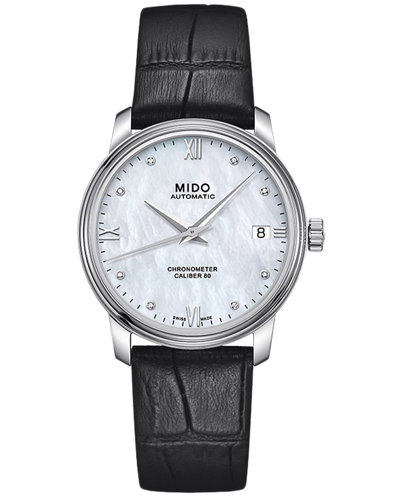 Mido Mido Baroncelli M027.208.16.106.00  M0272081610600 механические женские часы перламутровый циферблат, браслет кожаный — вид спереди