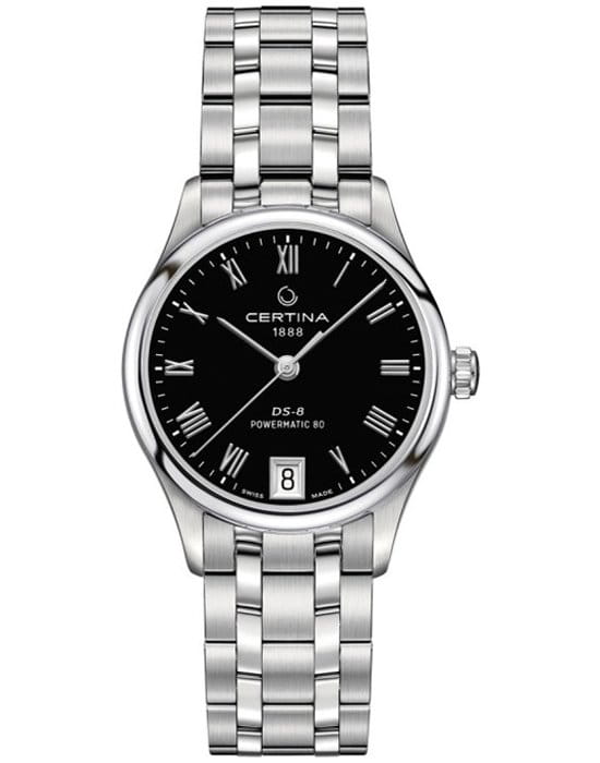 Certina Certina DS-8 Lady Powermatic 80  C033.207.11.053.00 DS 8 C0332071105300 механические женские часы черный циферблат, браслет нержавеющая сталь — вид спереди
