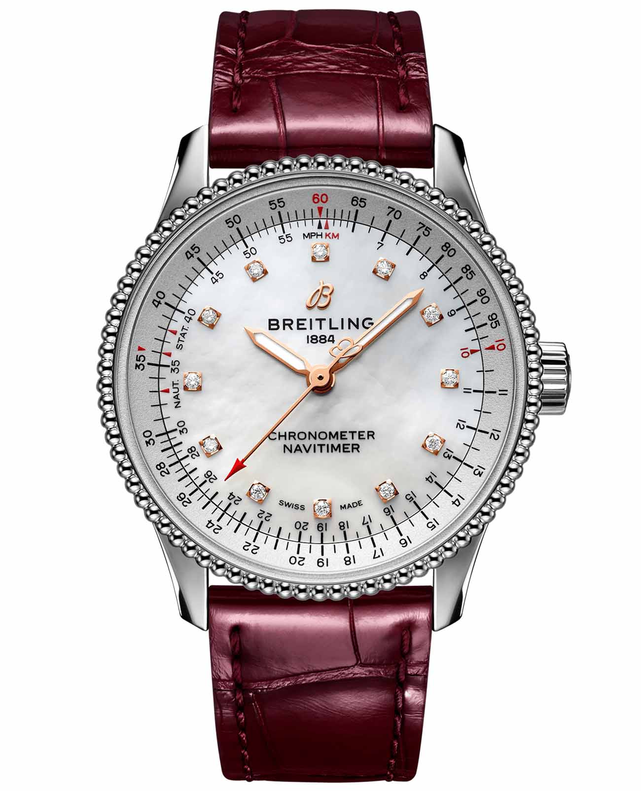 Breitling Breitling Navitimer Automatic 35 A17395211A1P2  A17395211A1P2 механические женские часы перламутровый циферблат, браслет кожаный — вид спереди