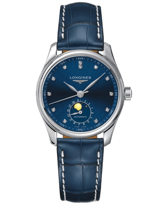 Longines Longines Master Collection L2.409.4.97.0  L24094970 механические женские часы синий циферблат, браслет кожаный — вид спереди