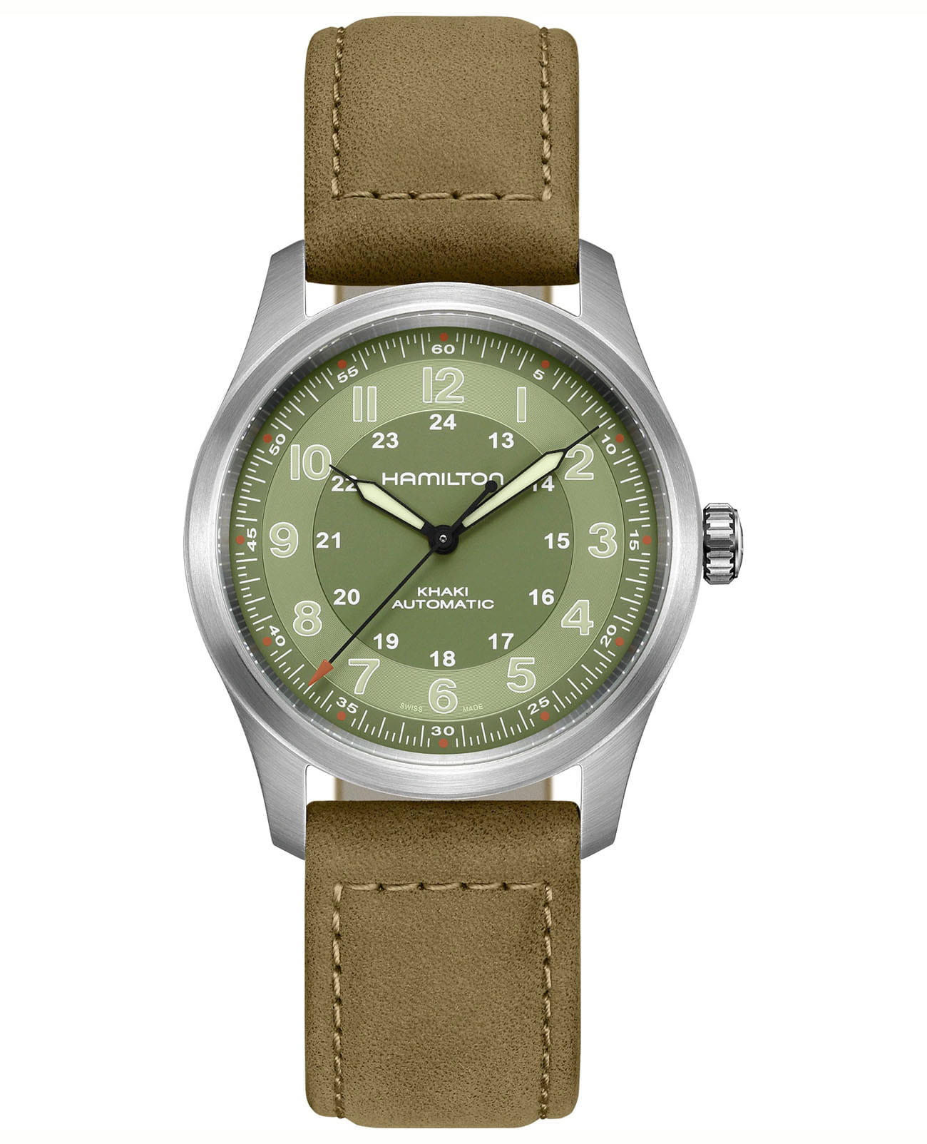 Hamilton Hamilton Khaki Field Titanium Auto H70205860  H70205860 механические мужские часы зеленый циферблат, браслет кожаный — вид спереди
