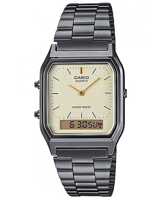 Casio Casio Vintage AQ-230GG-9ADF (AQ-230GG-9A)  AQ-230GG-9A кварцевые мужские часы бежевый циферблат, браслет сталь с ip покрытием — вид спереди