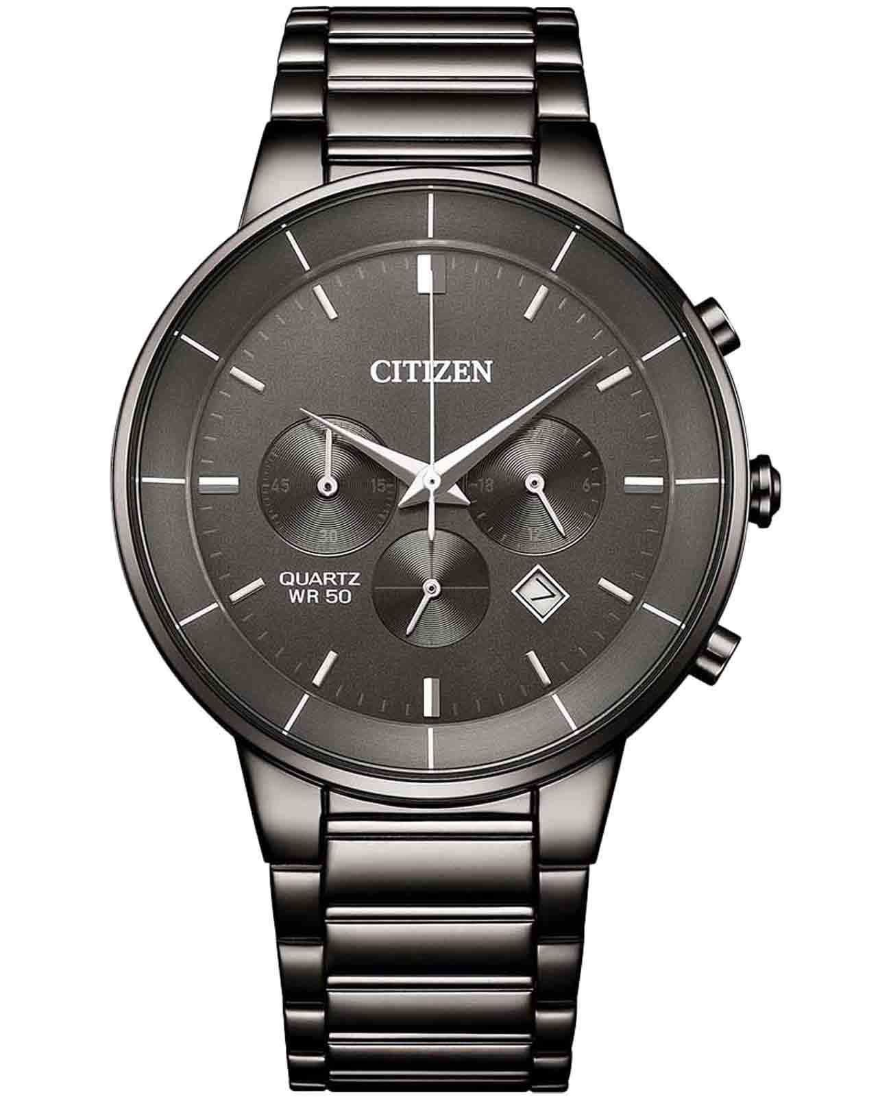 Citizen Citizen Chronograph AN8227-53H  AN8227-53H кварцевые мужские часы черный циферблат, браслет нержавеющая сталь с ip-покрытием — вид спереди
