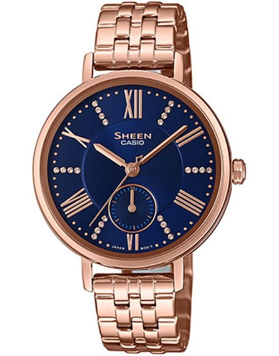 Casio Casio Sheen SHE-3066PG-2A  SHE-3066PG-2A кварцевые женские часы синий циферблат, браслет сталь с ip покрытием — вид спереди