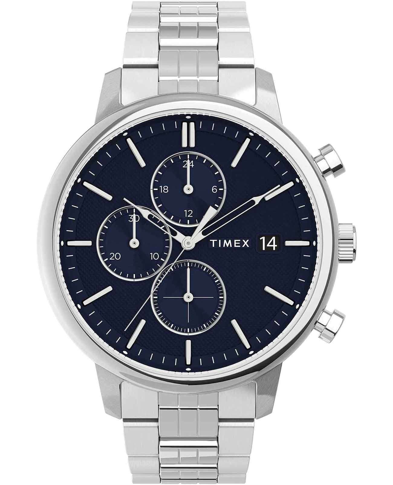 Timex Timex Chicago TW2V01700  TW2V01700 кварцевые мужские часы синий циферблат, браслет нержавеющая сталь — вид спереди