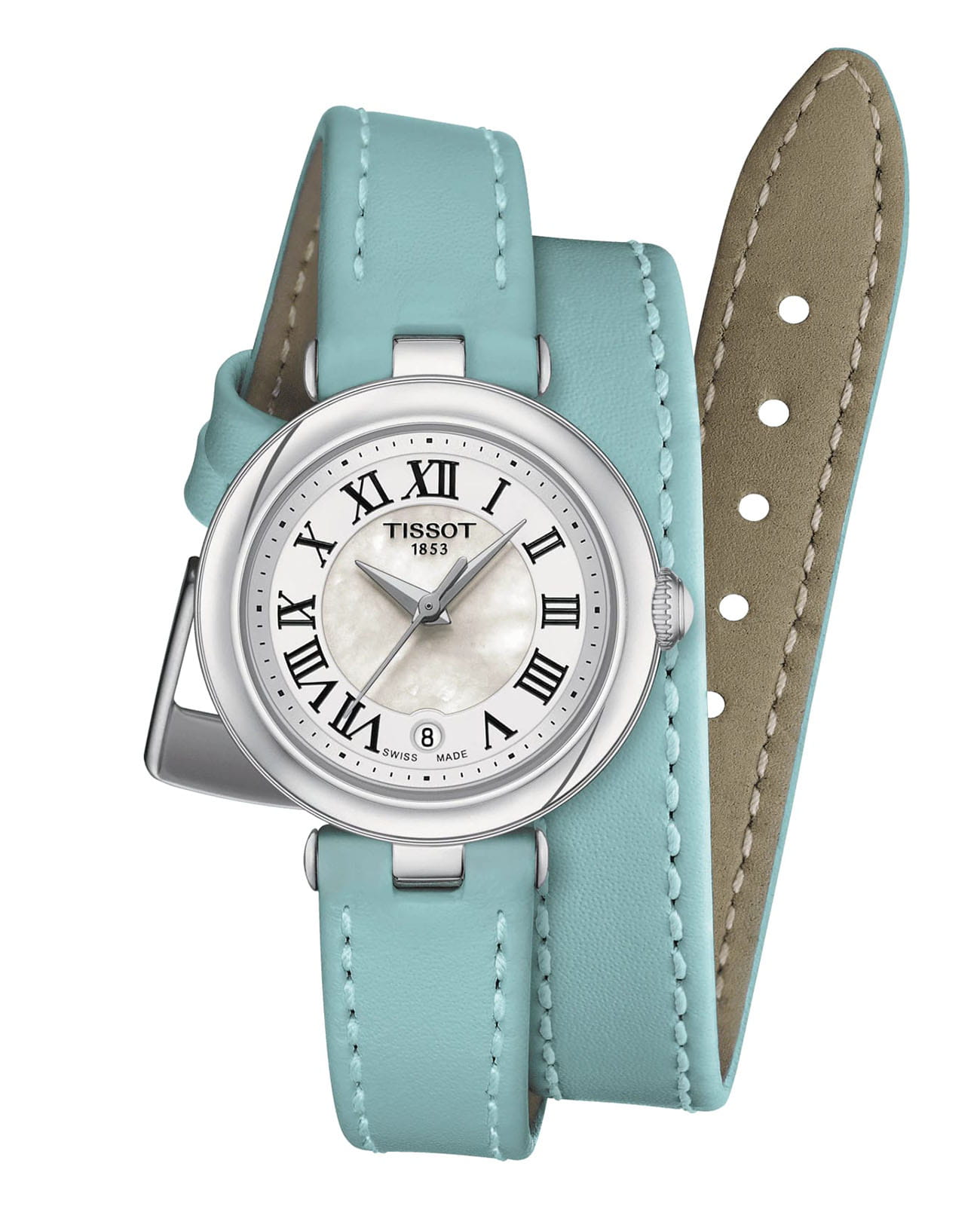 Tissot Tissot Bellissima Small Lady - M Double Tour Strap T126.010.16.113.01 Small T1260101611301 кварцевые женские часы серебристый циферблат, браслет кожаный — вид спереди
