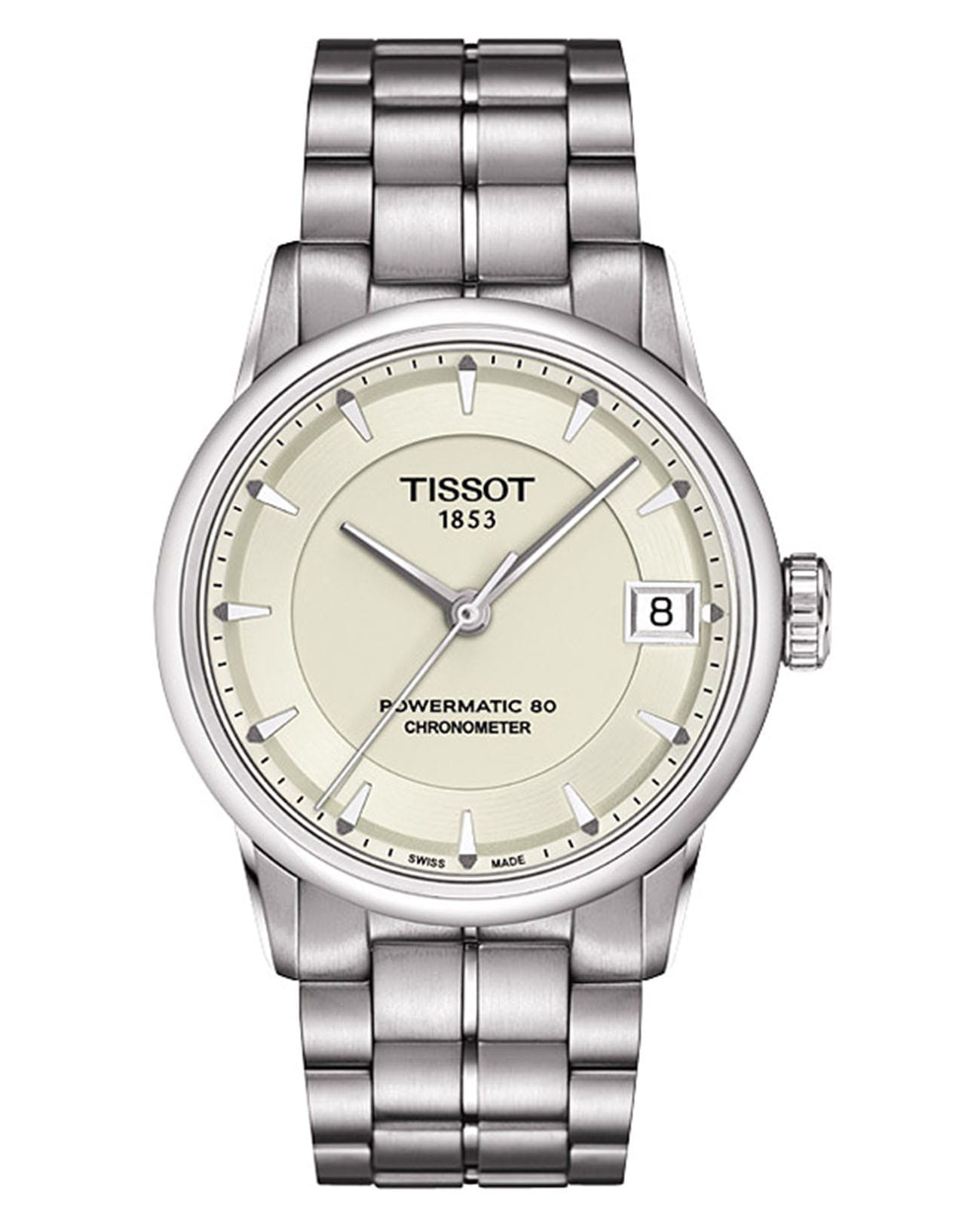 Tissot Tissot T-Classic Luxury Automatic T086.208.11.261.00  T0862081126100 механические женские часы бежевый циферблат, браслет нержавеющая сталь — вид спереди