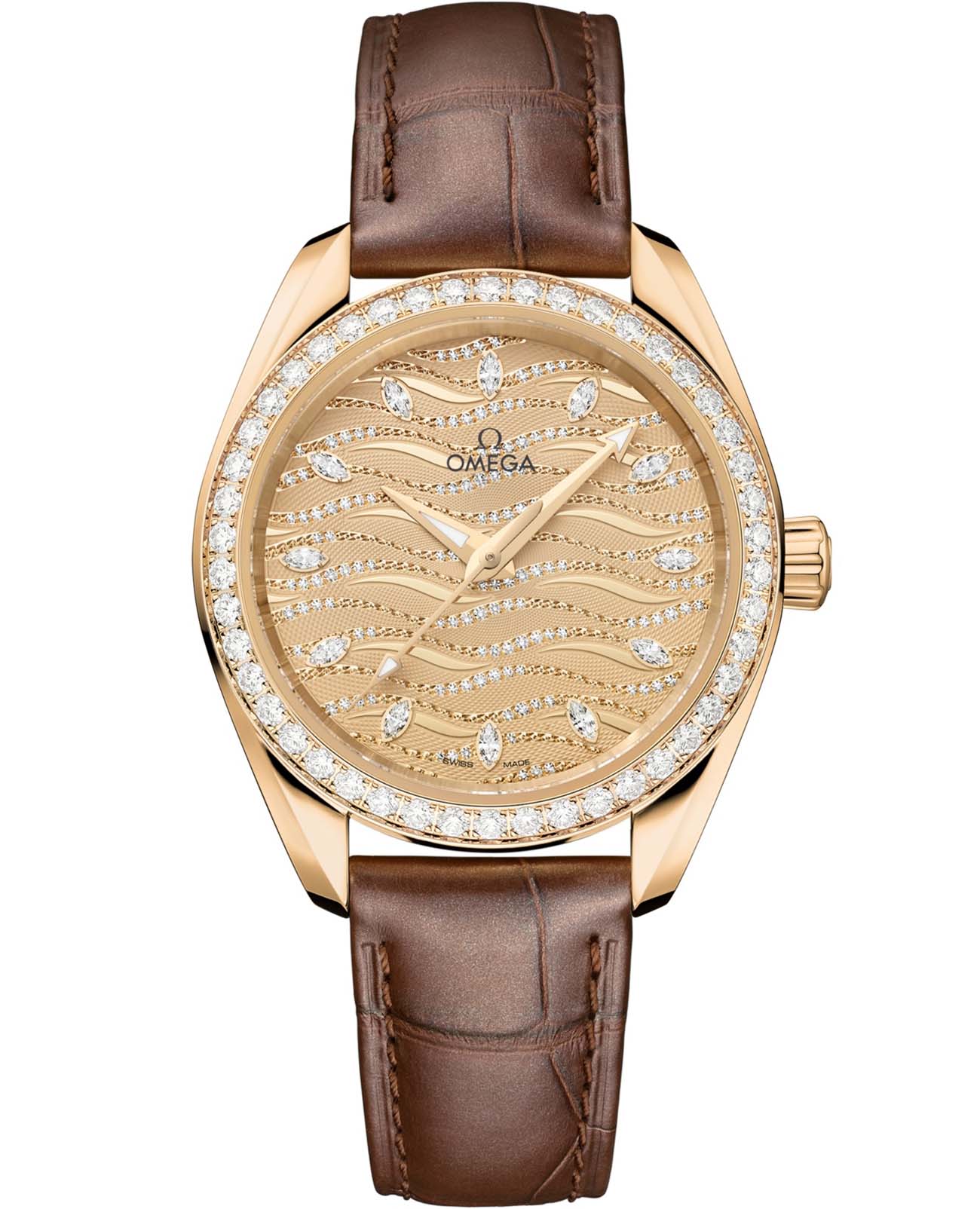 Omega Omega Seamaster Aqua Terra 220.58.34.20.99.008 Aqua Terra 22058342099008 механические женские часы золотой циферблат, браслет кожаный — вид спереди