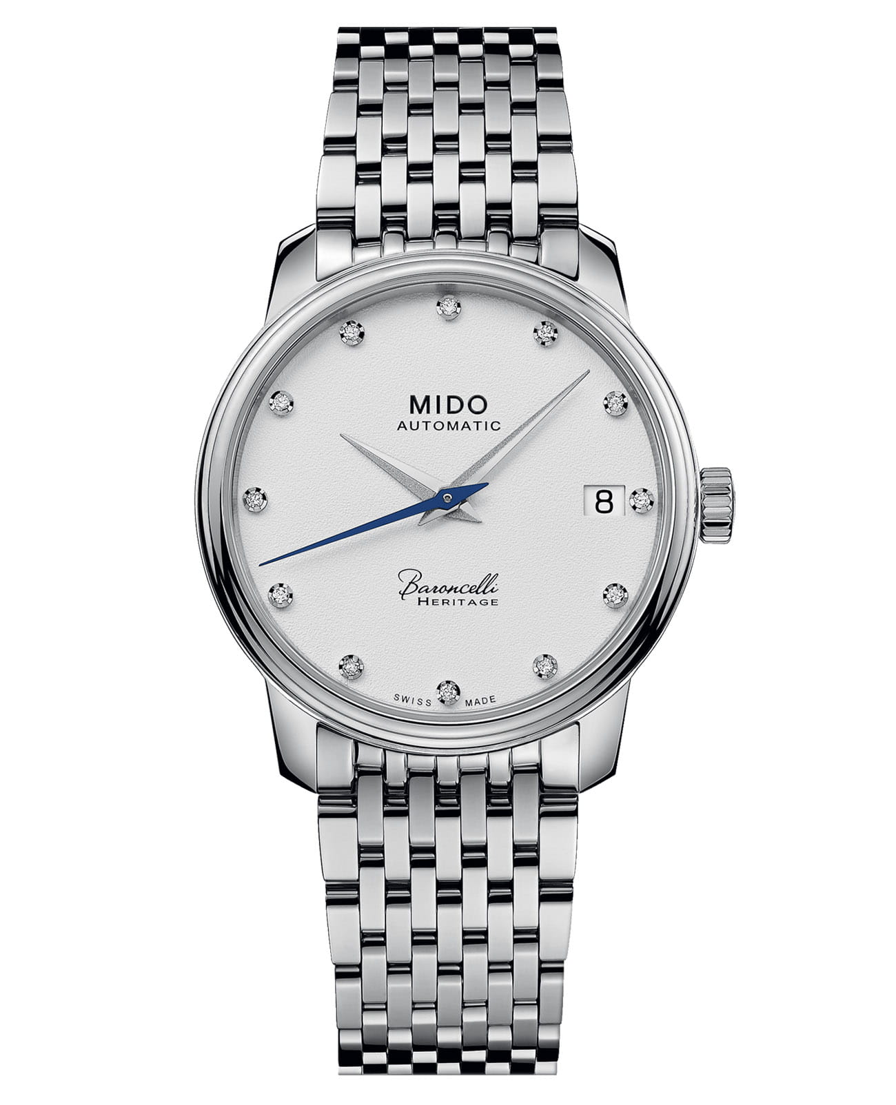 Mido Mido Baroncelli Heritage Lady M027.207.11.016.00  M0272071101600 механические женские часы белый циферблат, браслет нержавеющая сталь — вид спереди