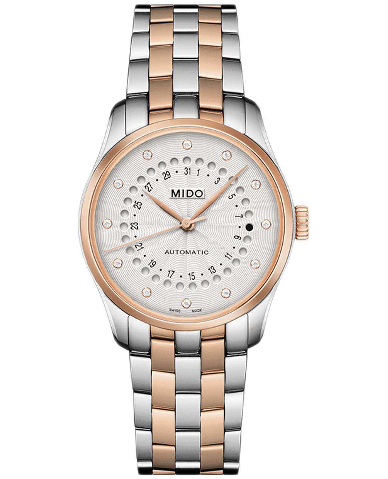 Mido Mido Belluna II M024.207.22.036.00  M0242072203600 механические женские часы белый циферблат, браслет сталь c pvd покрытием — вид спереди