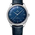 Omega Omega De Ville Tresor 435.18.40.21.03.001  43518402103001 механические мужские часы синий циферблат, браслет кожаный — вид спереди